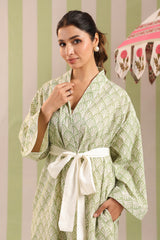 Sage Green Printed Cotton Robe with Belt and Pockets