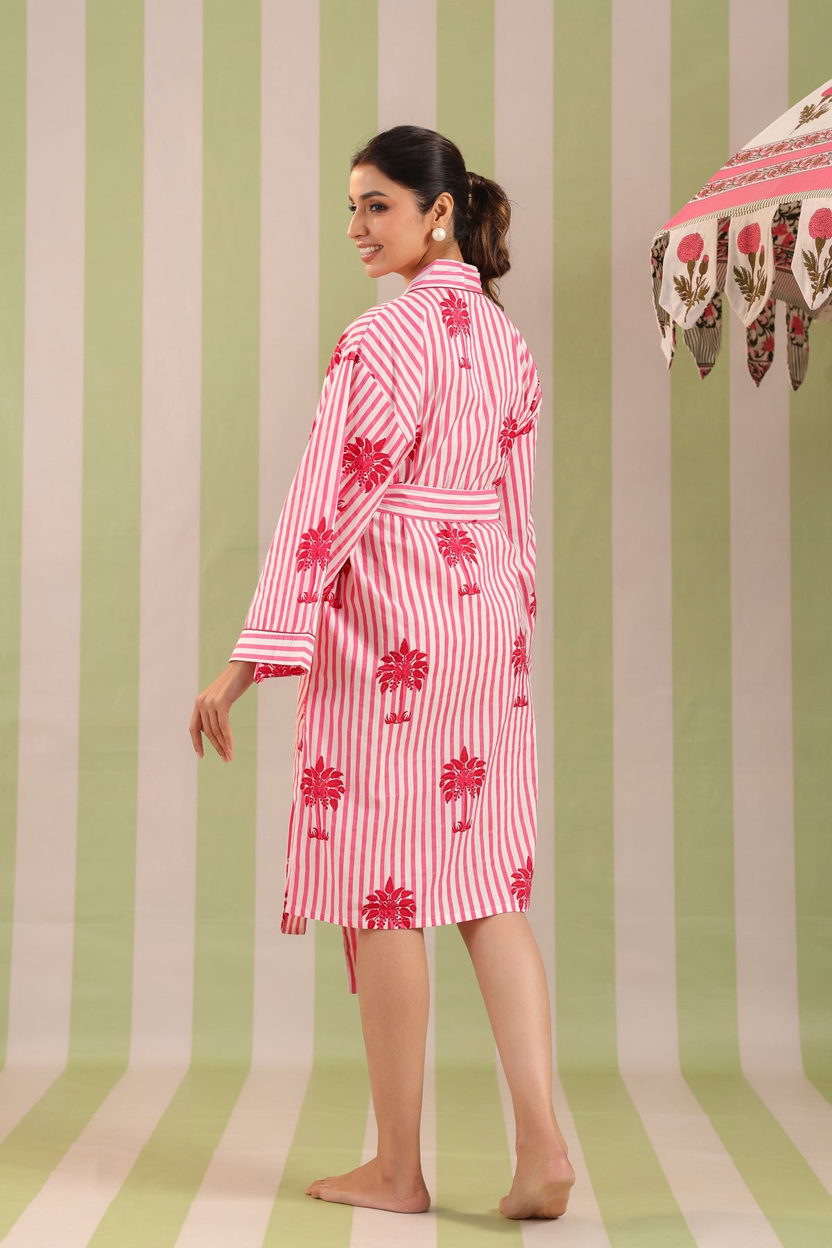 Pink Palm Printed Cotton Robe with Belt and Pockets