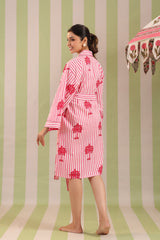 Pink Palm Printed Cotton Robe with Belt and Pockets