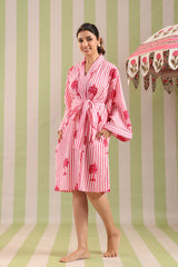 Pink Palm Printed Cotton Robe with Belt and Pockets