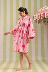 Pink Palm Printed Cotton Robe with Belt and Pockets