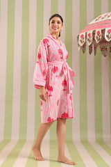 Pink Palm Printed Cotton Robe with Belt and Pockets