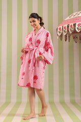 Pink Palm Printed Cotton Robe with Belt and Pockets
