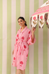 Pink Palm Printed Cotton Robe with Belt and Pockets