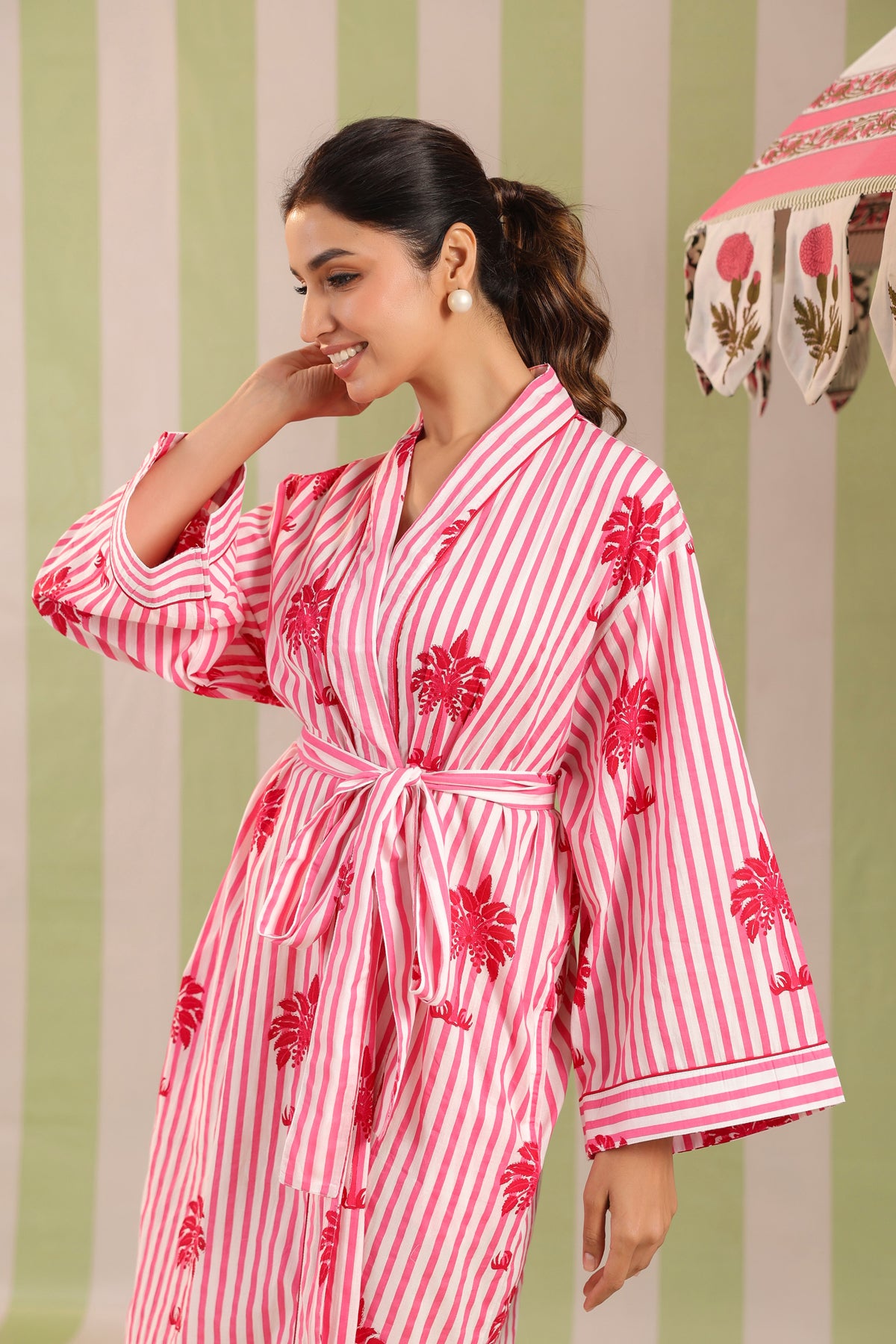 Pink Palm Printed Cotton Robe with Belt and Pockets