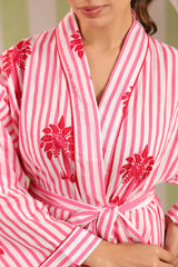 Pink Palm Printed Cotton Robe with Belt and Pockets