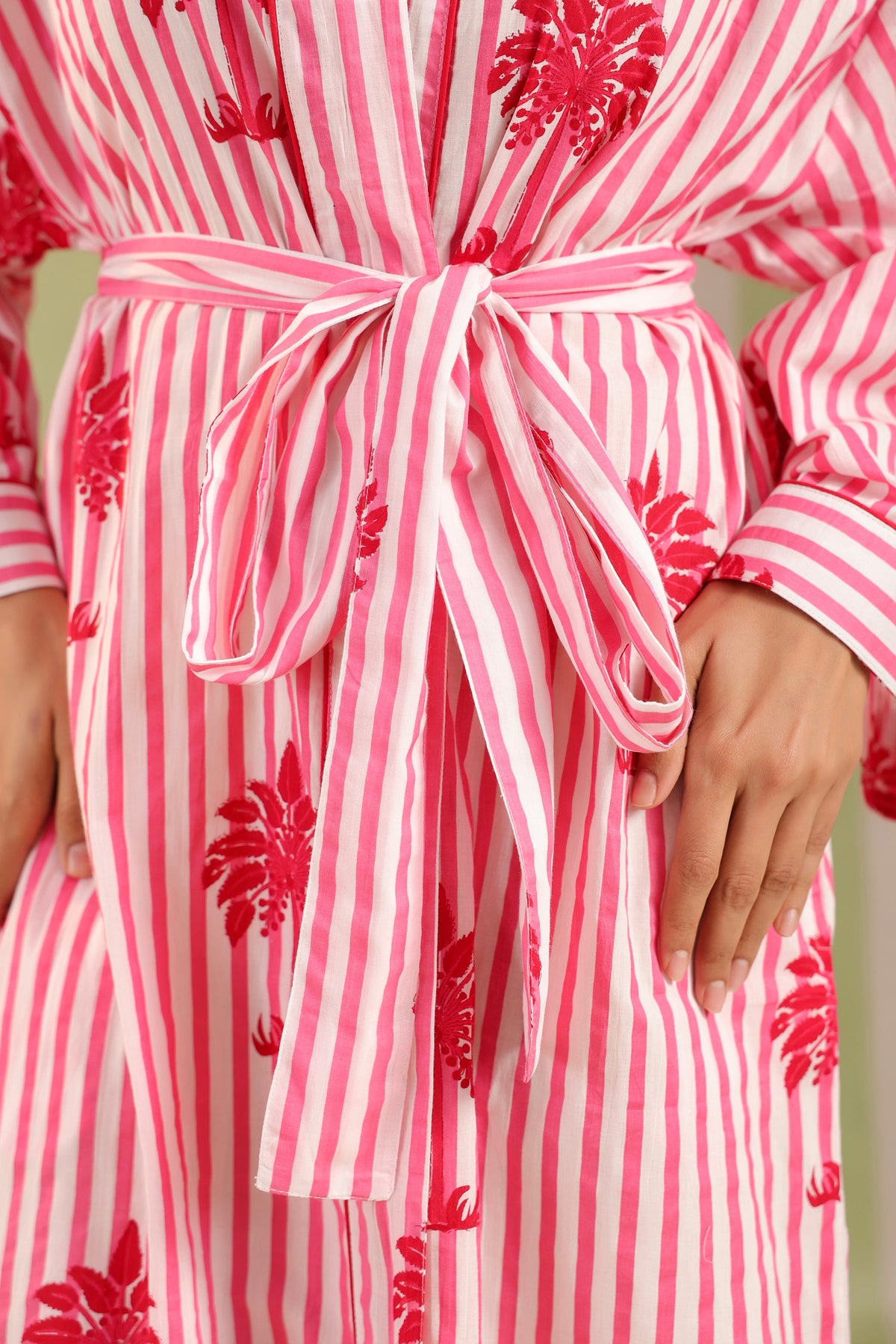 Pink Palm Printed Cotton Robe with Belt and Pockets