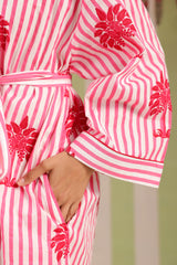 Pink Palm Printed Cotton Robe with Belt and Pockets