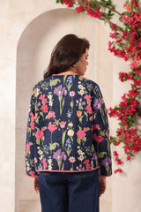 Navy Blue & Pink Free-Size Quilted Cotton Jacket