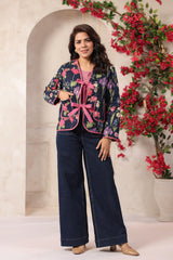 Navy Blue & Pink Free-Size Quilted Cotton Jacket