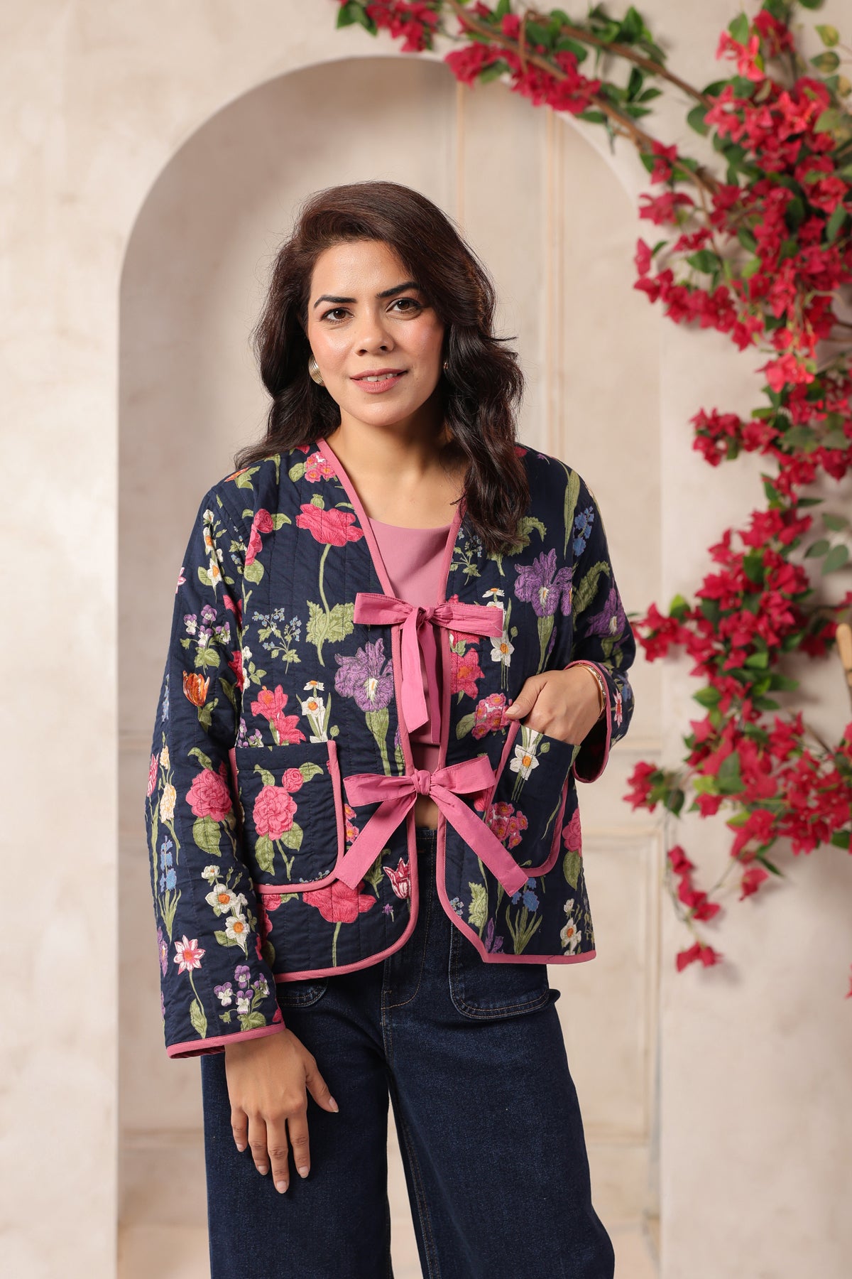 Navy Blue & Pink Free-Size Quilted Cotton Jacket