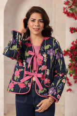Navy Blue & Pink Free-Size Quilted Cotton Jacket