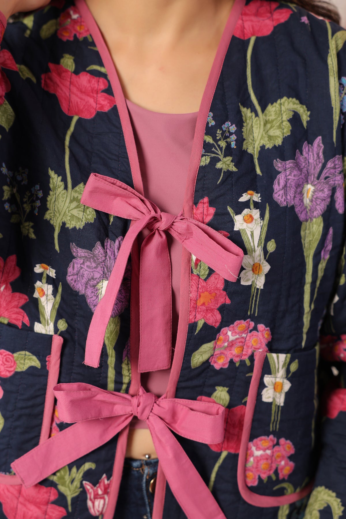 Navy Blue & Pink Free-Size Quilted Cotton Jacket