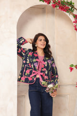 Navy Blue & Pink Free-Size Quilted Cotton Jacket