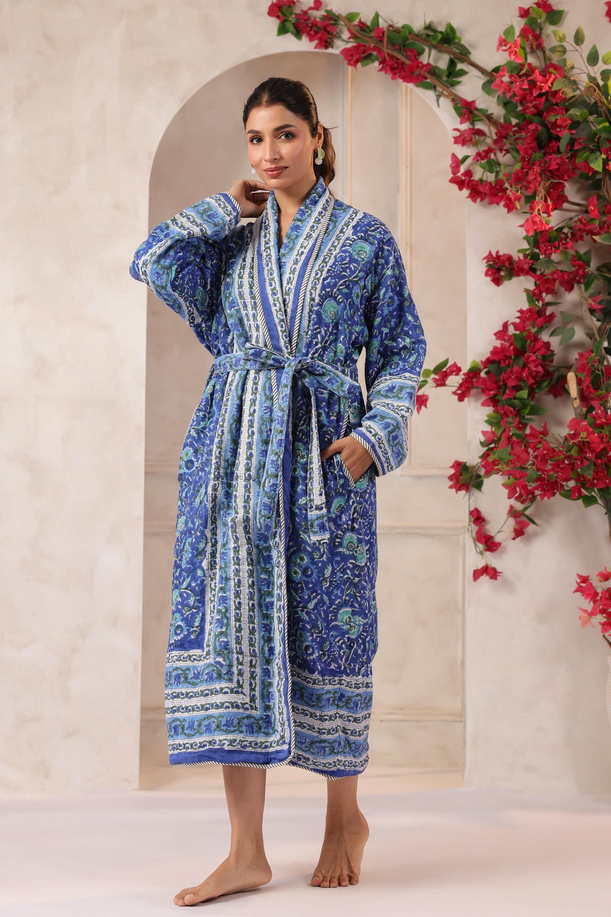Anokhi Blue Printed Reversible Quilted Robes