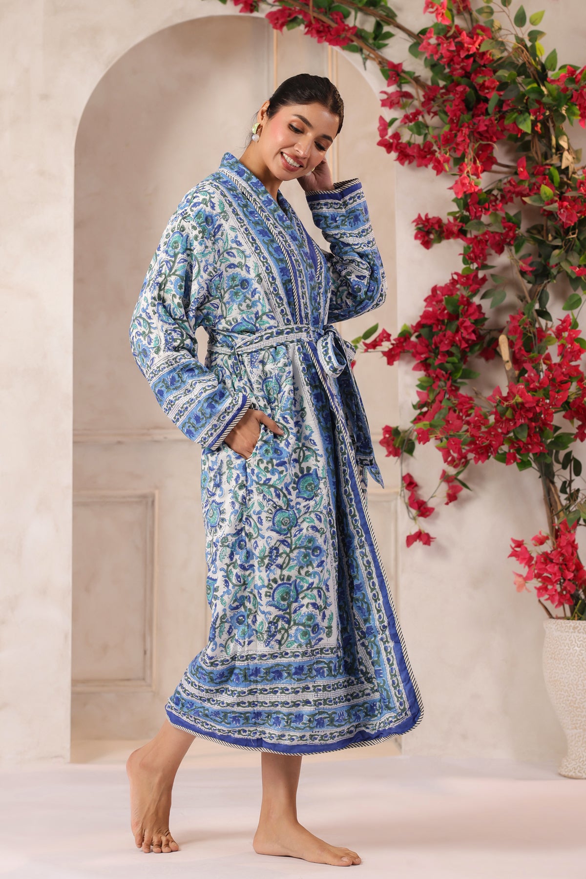 Anokhi Blue Printed Reversible Quilted Robes