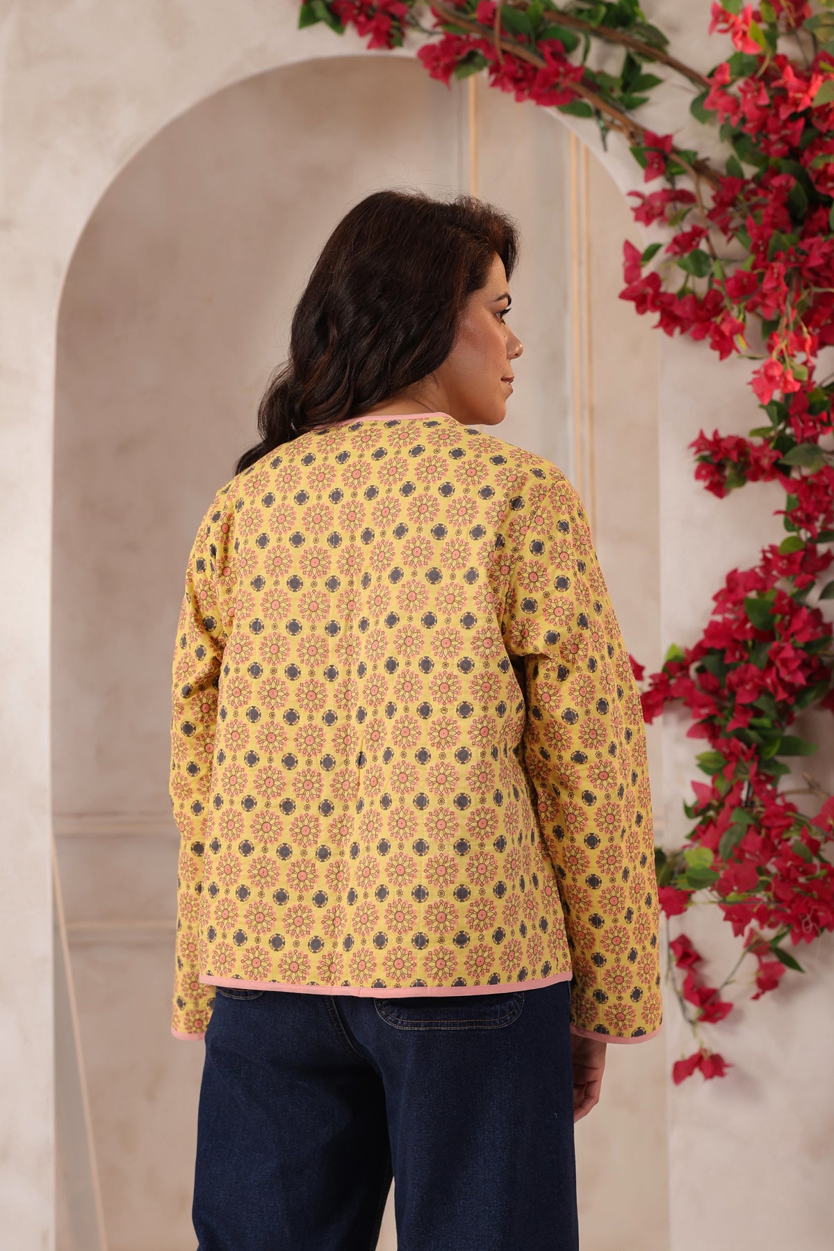 Yellow Booti Printed Free-Size Quilted Cotton Jacket