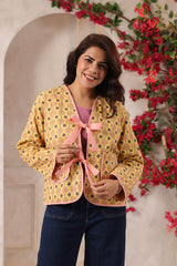 Yellow Booti Printed Free-Size Quilted Cotton Jacket