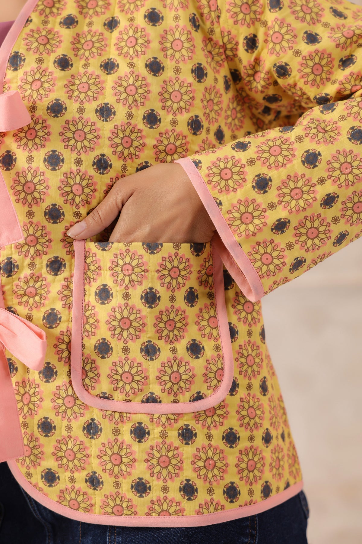 Yellow Booti Printed Free-Size Quilted Cotton Jacket