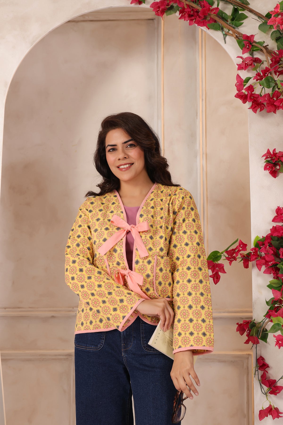 Yellow Booti Printed Free-Size Quilted Cotton Jacket
