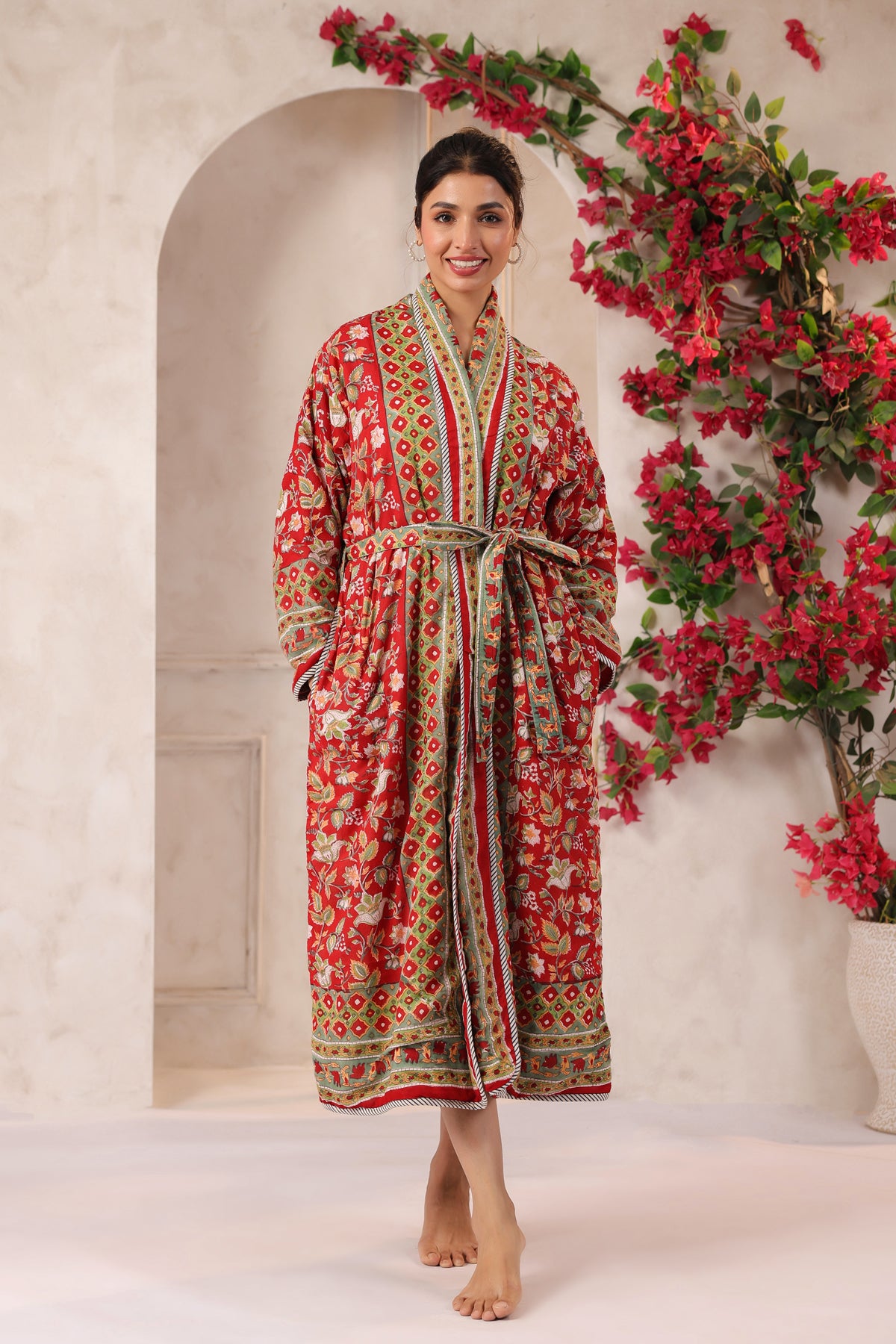 Red Agra Jaal Printed Reversible Quilted Robes