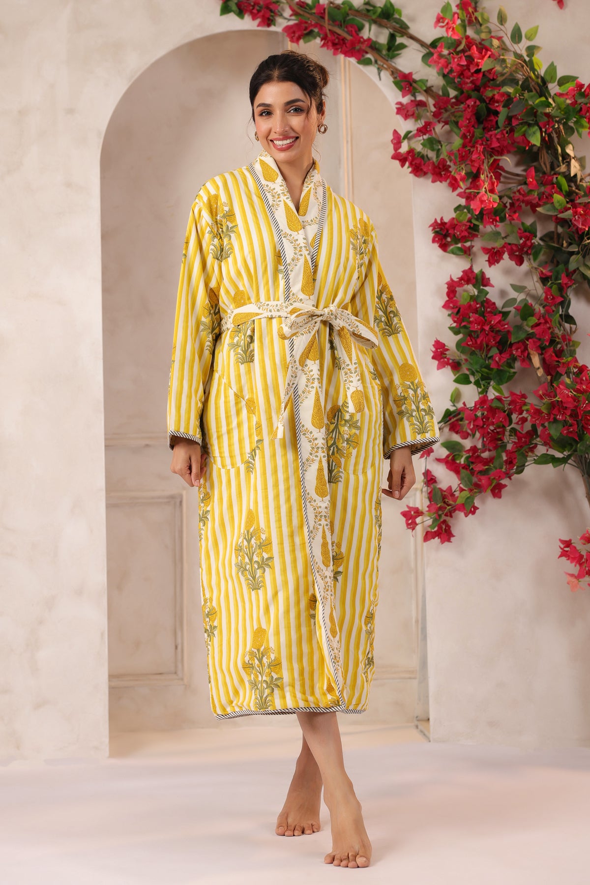 Yellow Stripes Printed Reversible Quilted Robes