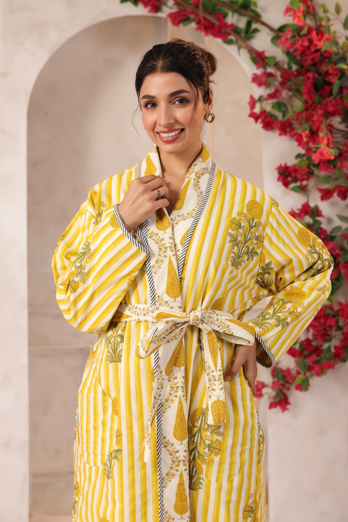 Yellow Stripes Printed Reversible Quilted Robes
