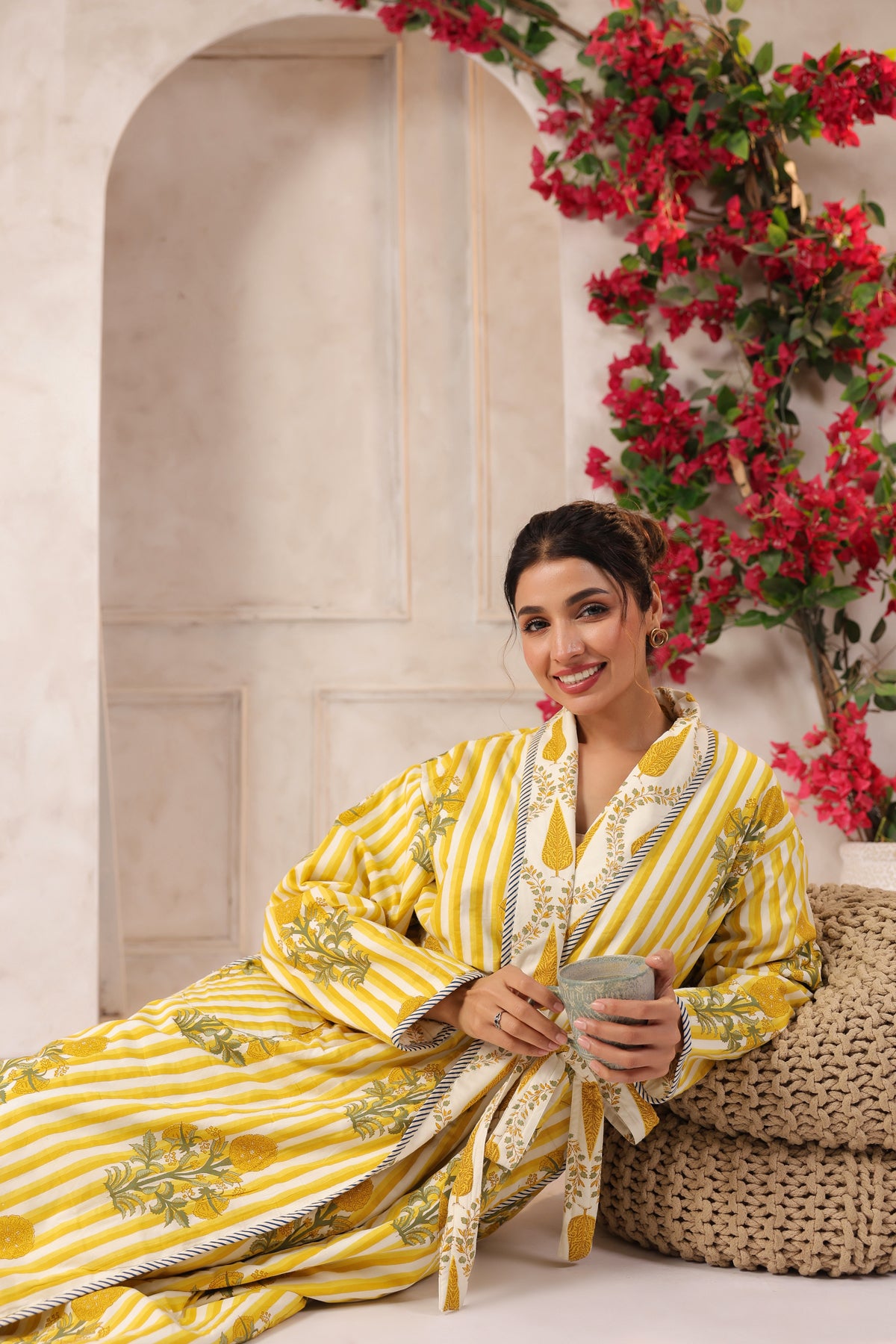 Yellow Stripes Printed Reversible Quilted Robes