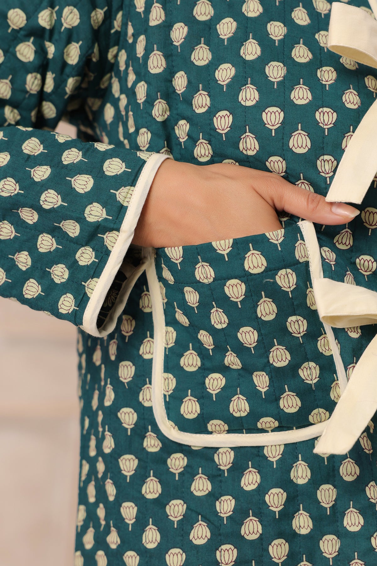 Green Booti Printed Free-Size Quilted Cotton Jacket