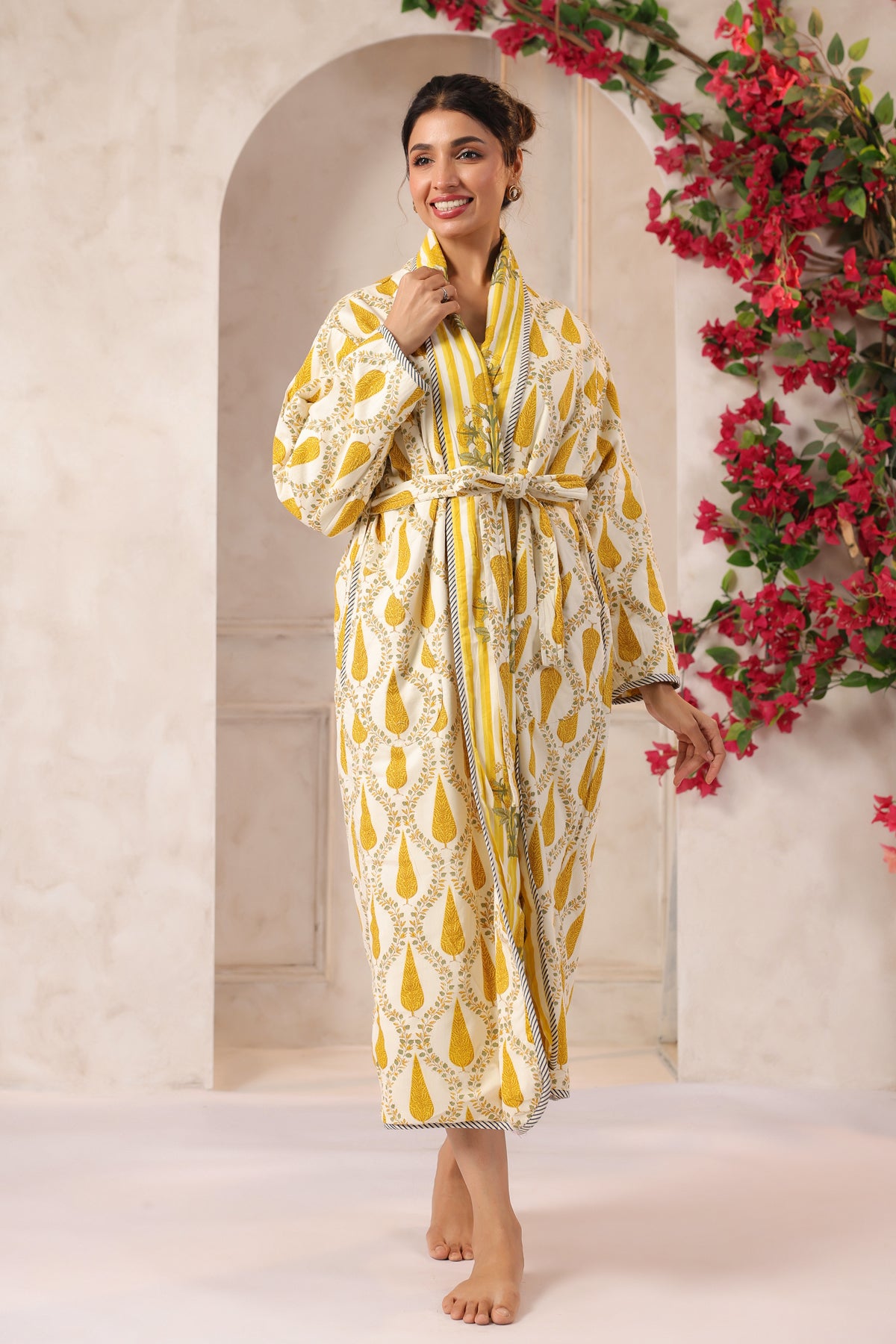 Yellow Stripes Printed Reversible Quilted Robes