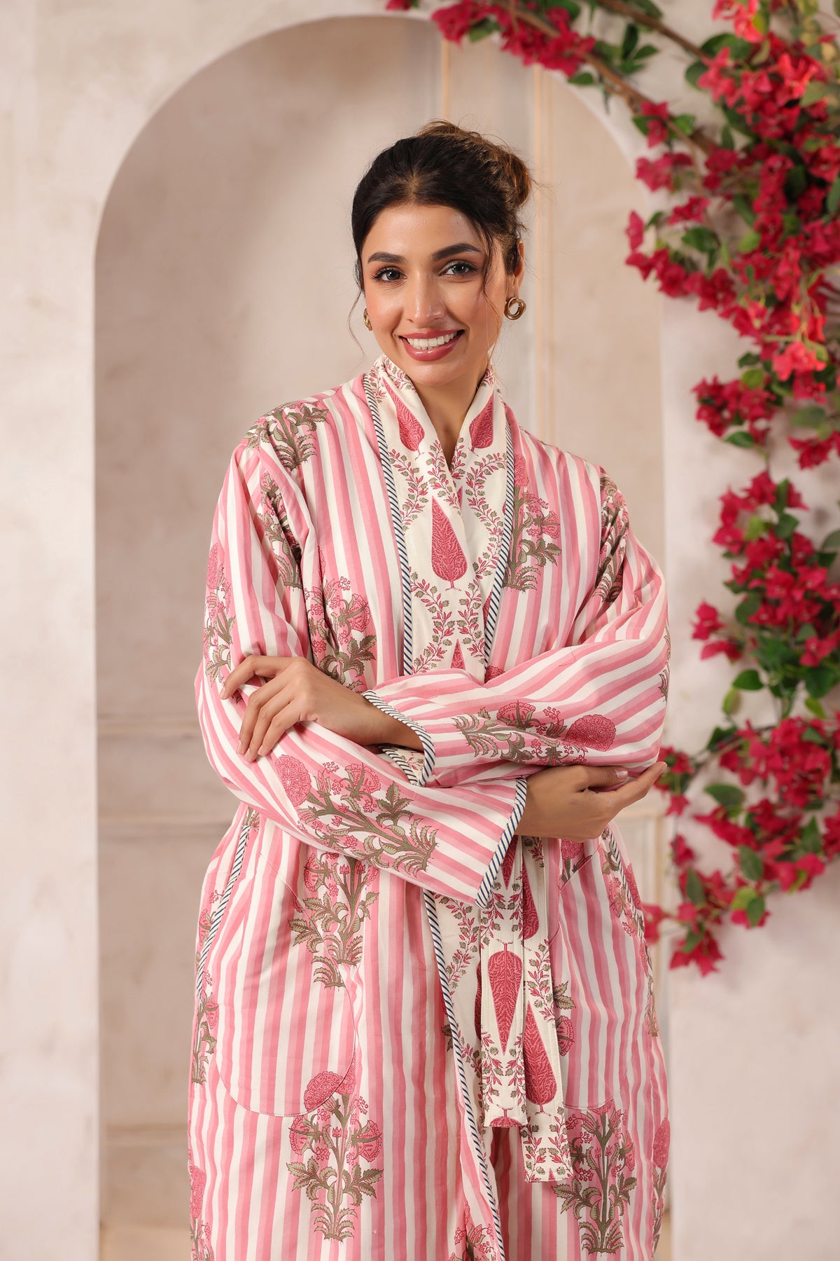 Pink Embroidered Robe Pink Stripes Printed Reversible Quilted Robes – Jaipur Morni