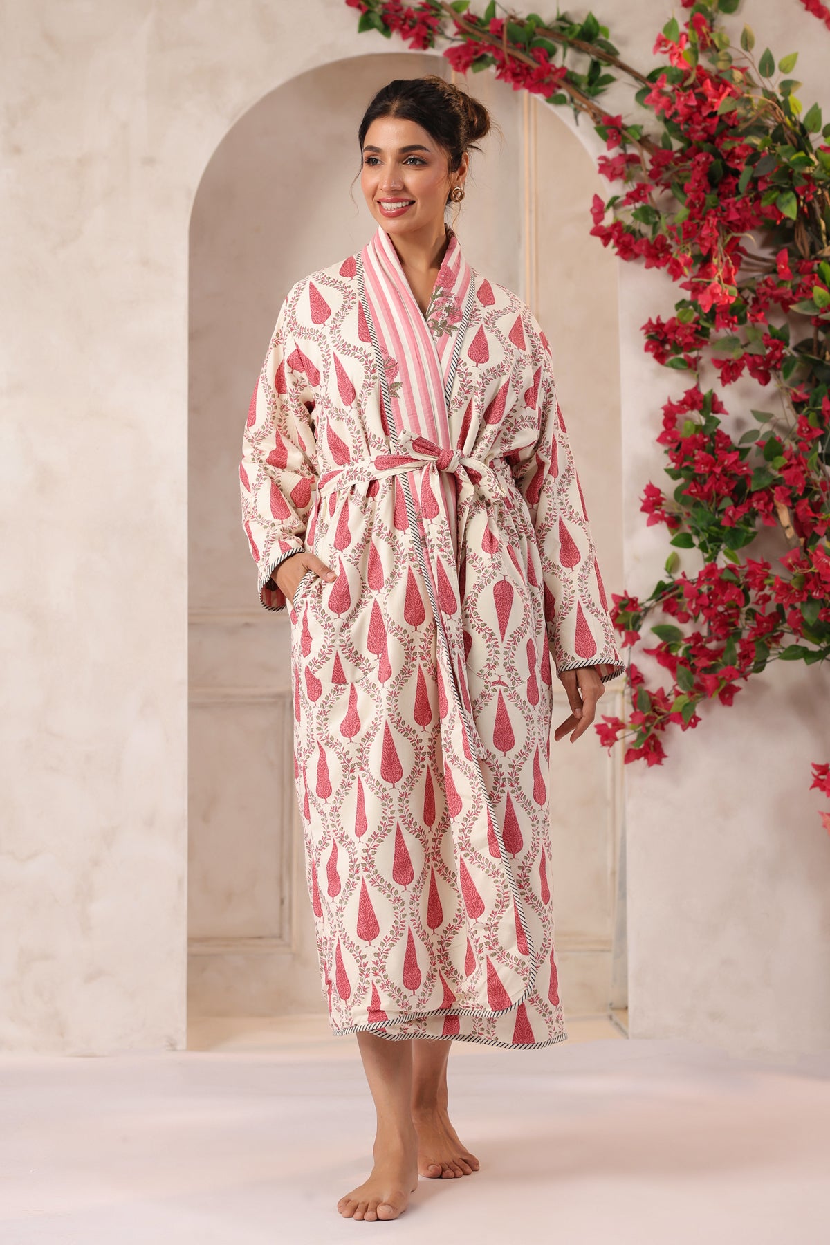 Pink Stripes Printed Reversible Quilted Robes