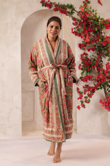 Green Floral Rose Printed Reversible Quilted Robes