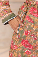 Green Floral Rose Printed Reversible Quilted Robes