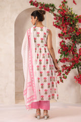 White and Pink Flower Printed  Kurta Set with Dupatta