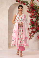 White and Pink Flower Printed  Kurta Set with Dupatta