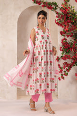 White and Pink Flower Printed  Kurta Set with Dupatta