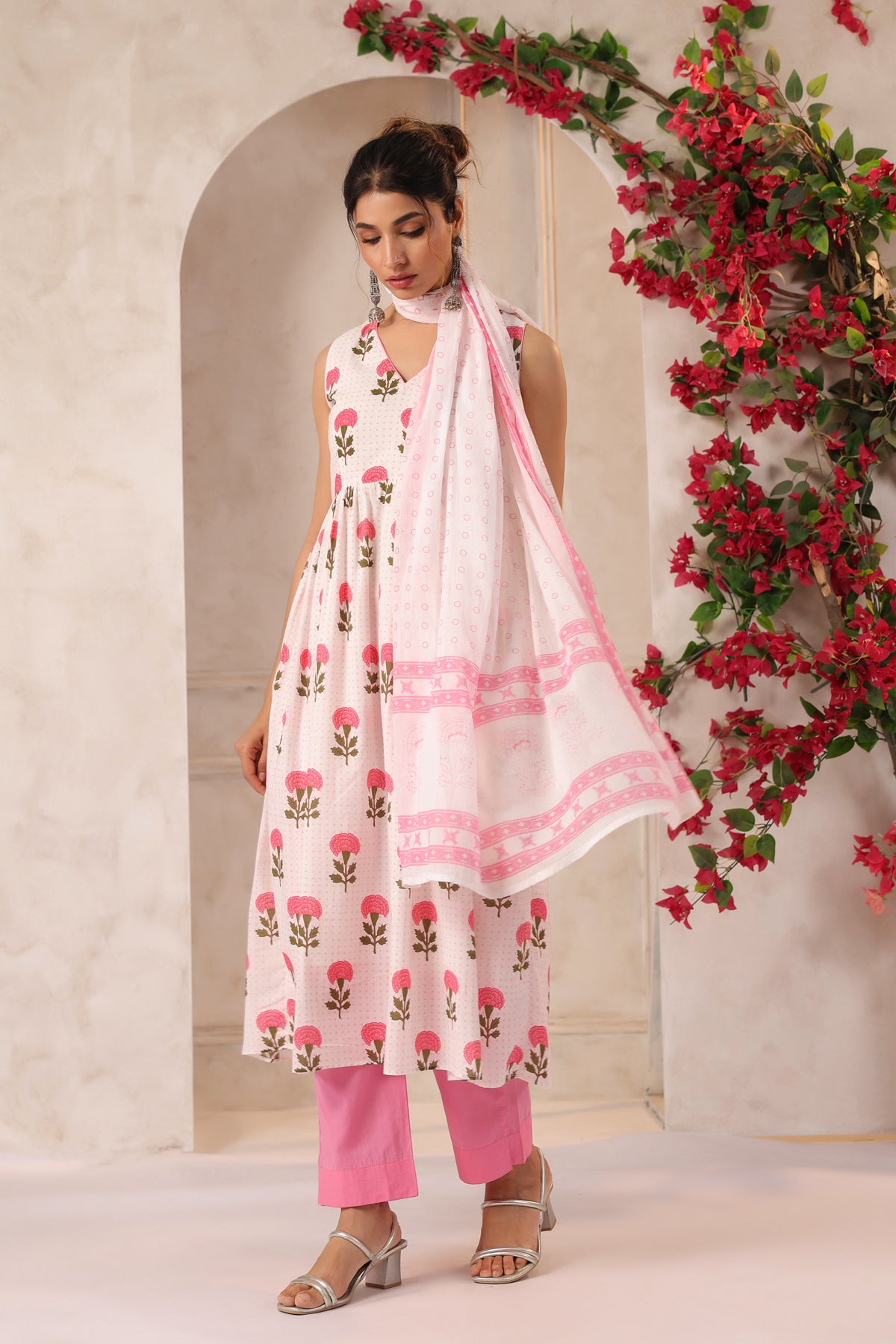 White and Pink Flower Printed  Kurta Set with Dupatta