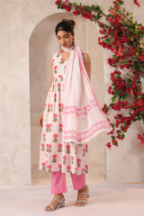 White and Pink Flower Printed  Kurta Set with Dupatta