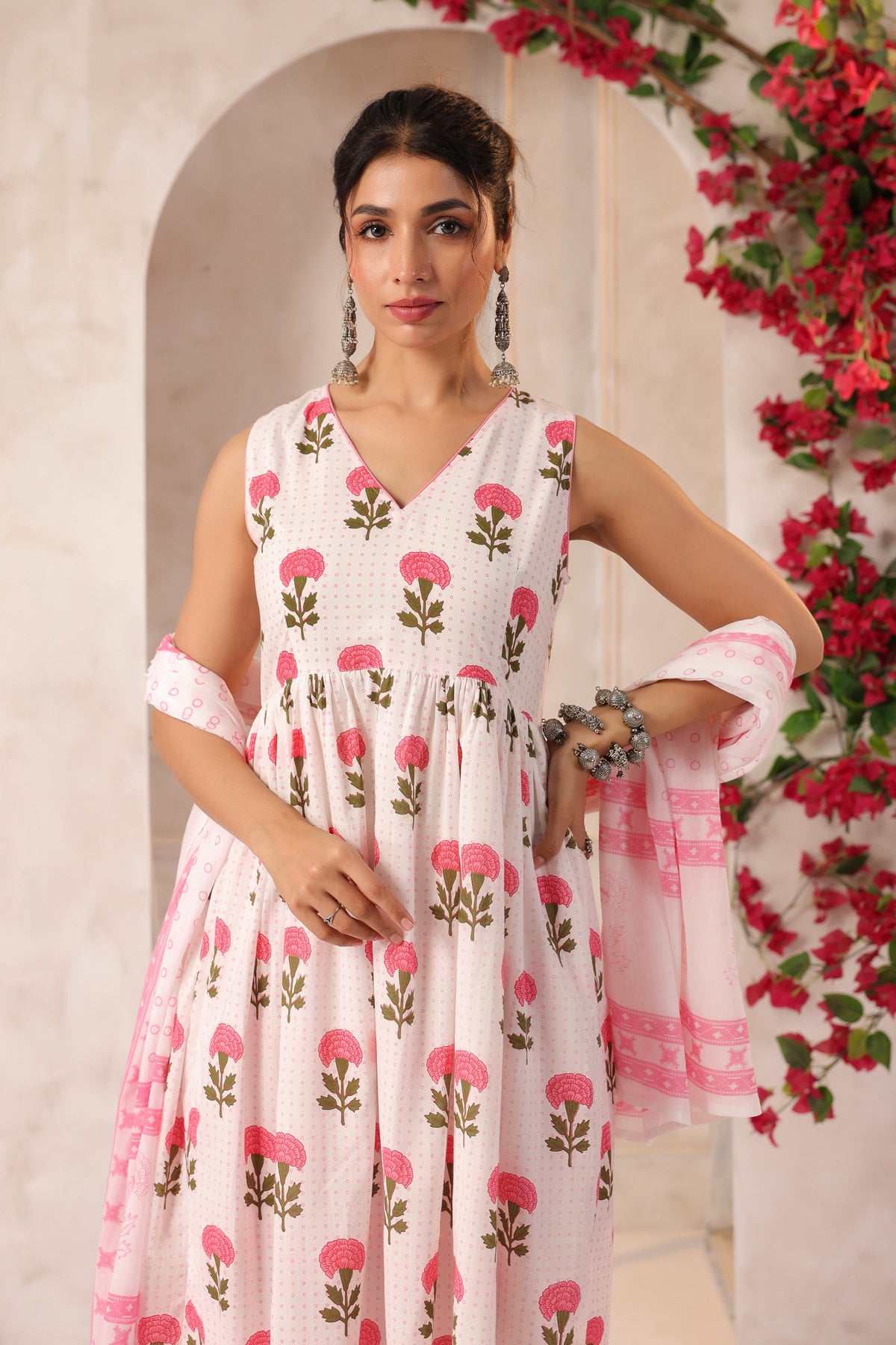 White and Pink Flower Printed  Kurta Set with Dupatta