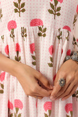 White and Pink Flower Printed  Kurta Set with Dupatta