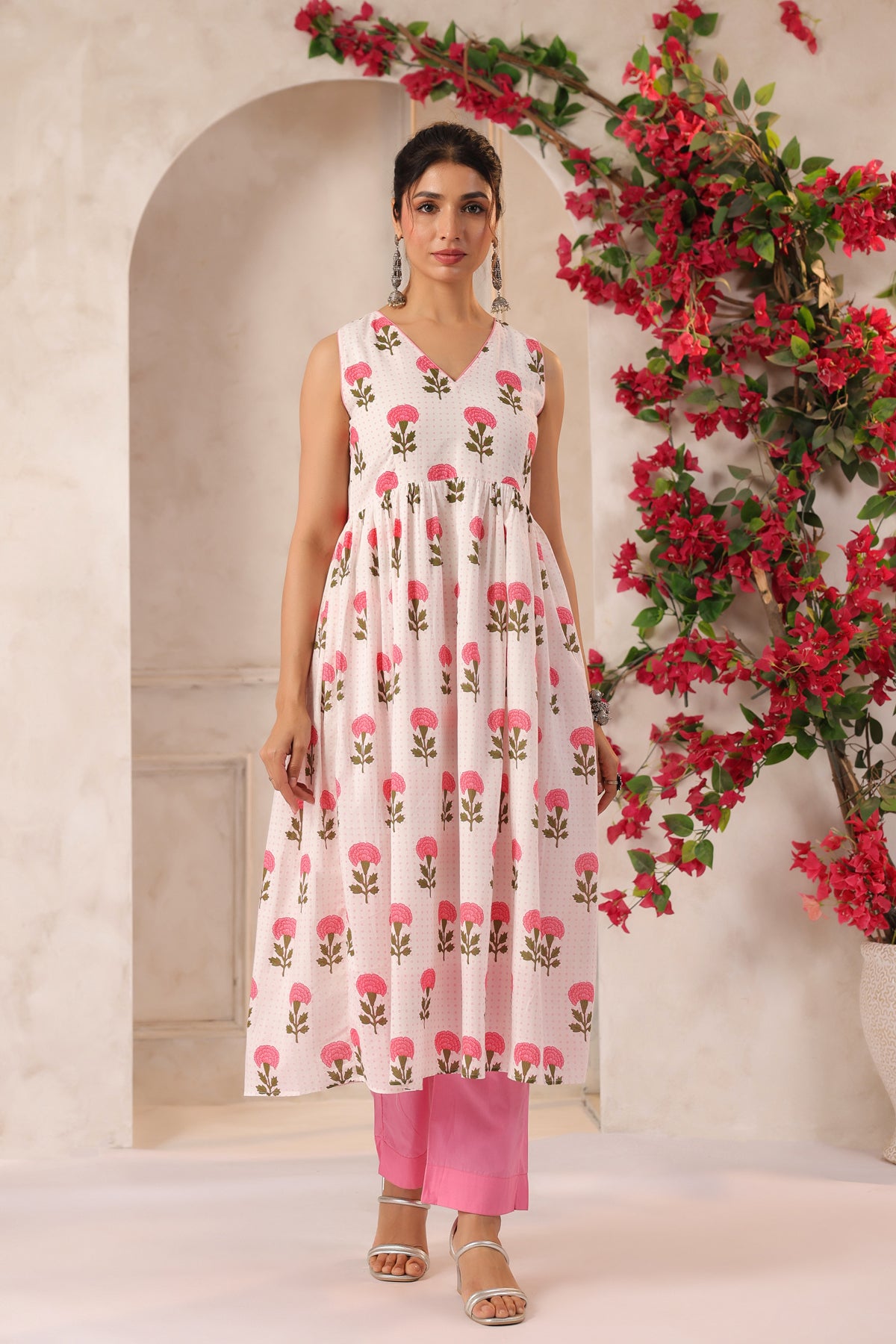 White and Pink Flower Printed  Kurta Set with Dupatta