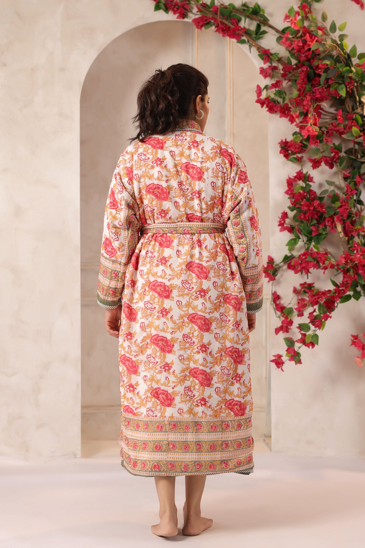 Green Floral Rose Printed Reversible Quilted Robes