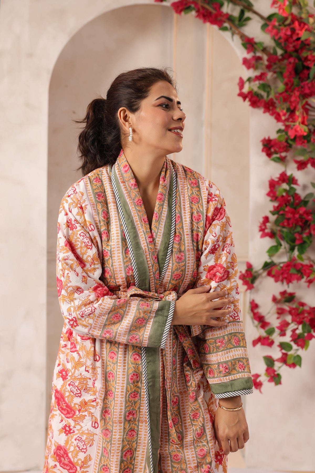 Green Floral Rose Printed Reversible Quilted Robes