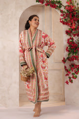 Green Floral Rose Printed Reversible Quilted Robes