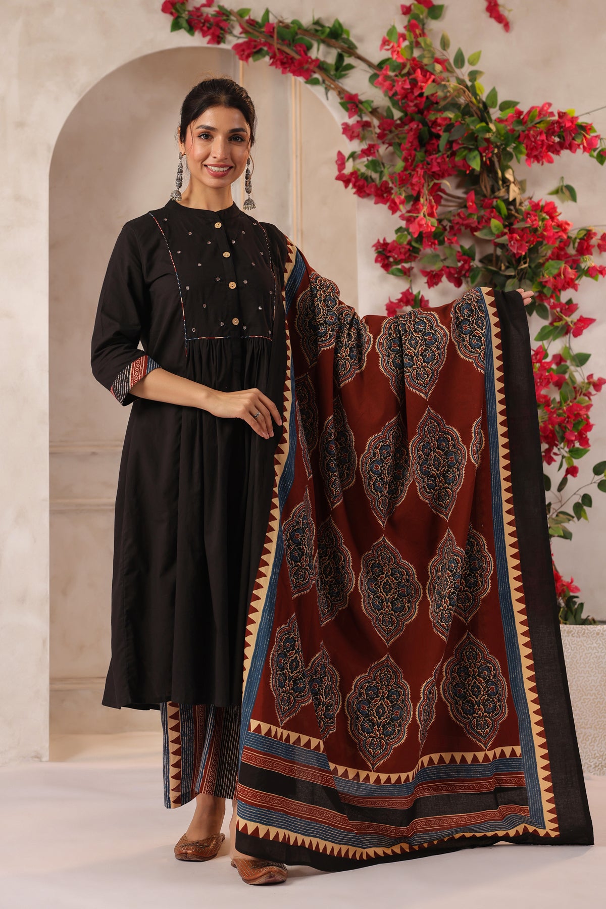Black Piku Inspired Handcrafted Cotton Kurta Set with Dupatta