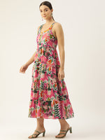 Multi Shoulder Strapped Floral Printed Fit and Flared Pure Cotton Midi Dress