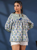 White and Green Handblock Printed Boho Volume Sleeves Top