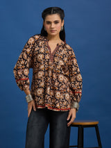 Black Floral Handblock Printed Cotton Top with Lace Detailing