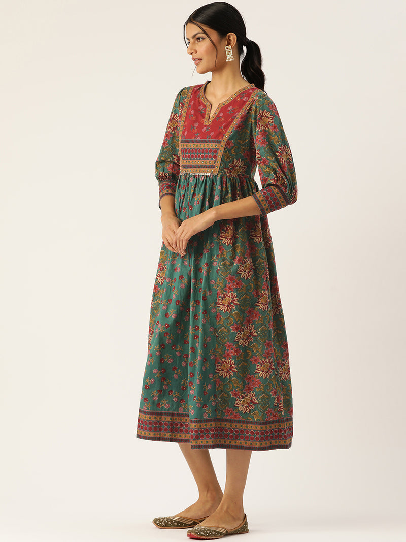 Green cotton printed kurti dress
